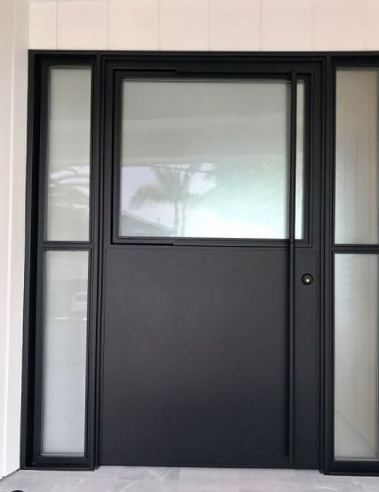 Insulated black frame laminated glass pivot entry door for home
